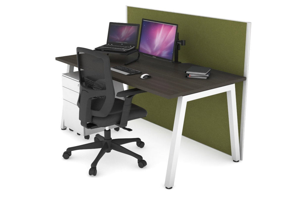 Horizon Quadro A Legs Office Desk [1200L x 800W with Cable Scallop]-white leg dark oak green moss (1200H x 1200W)