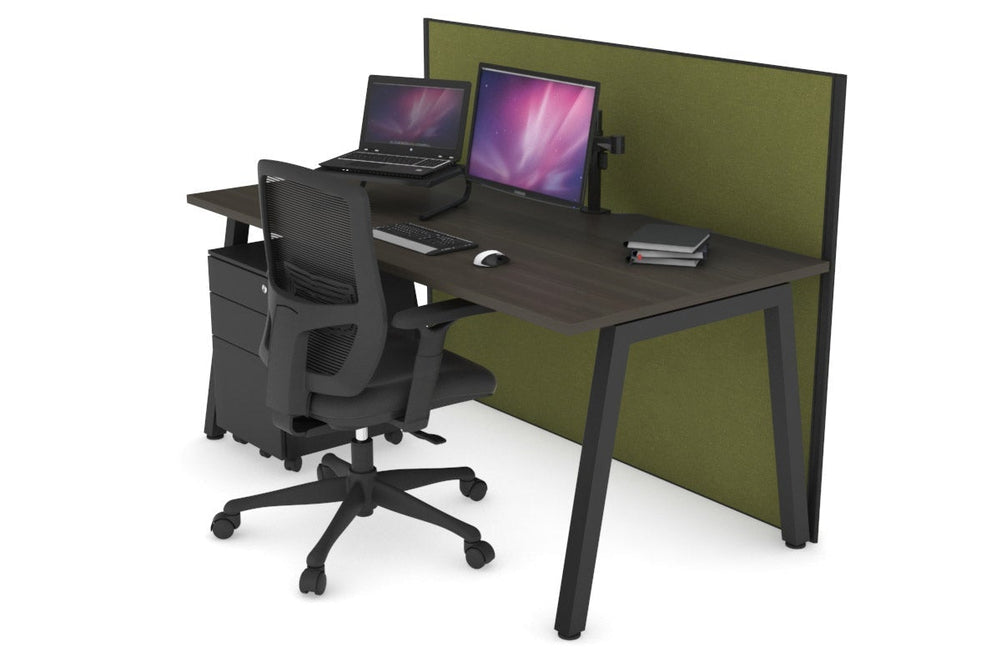 Horizon Quadro A Legs Office Desk [1200L x 800W with Cable Scallop]-black leg dark oak green moss (1200H x 1200W)