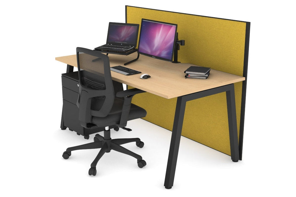 Horizon Quadro A Legs Office Desk [1200L x 800W with Cable Scallop]-black leg maple mustard yellow (1200H x 1200W)
