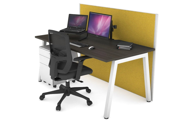 Horizon Quadro A Leg Office Desk [1200L x 800W with Cable Scallop] Jasonl white leg dark oak mustard yellow (1200H x 1200W)