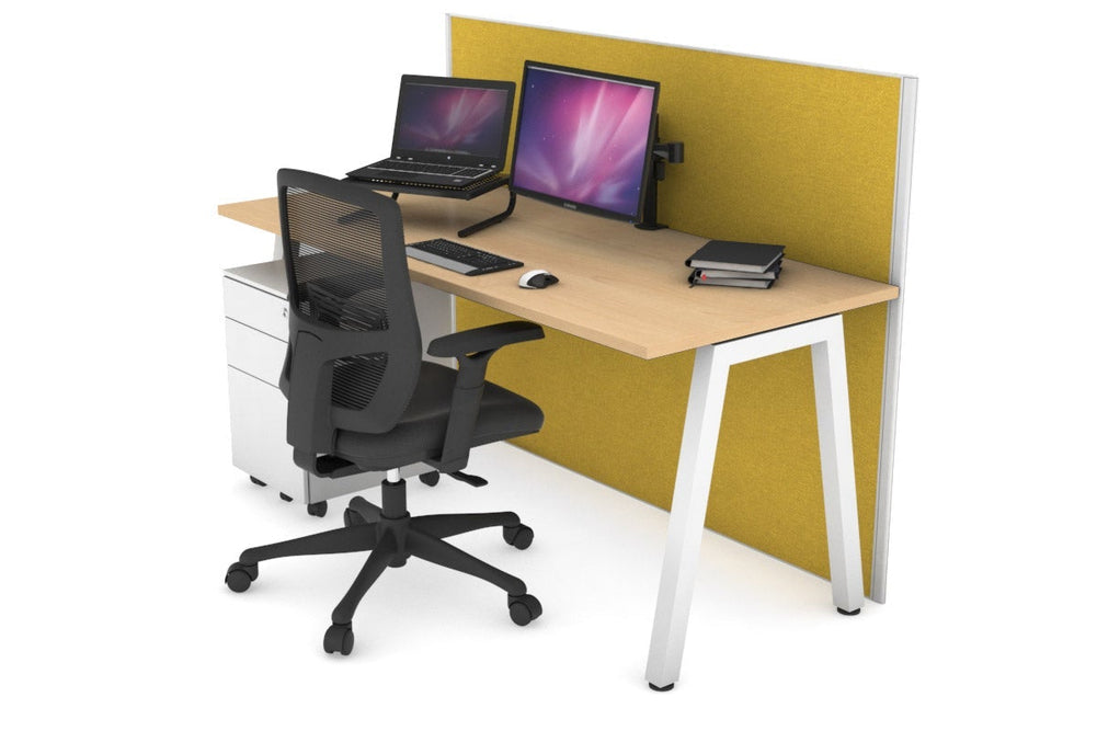 Horizon Quadro A Legs Office Desk [1400L x 700W]-white leg maple mustard yellow (1200H x 1400W)