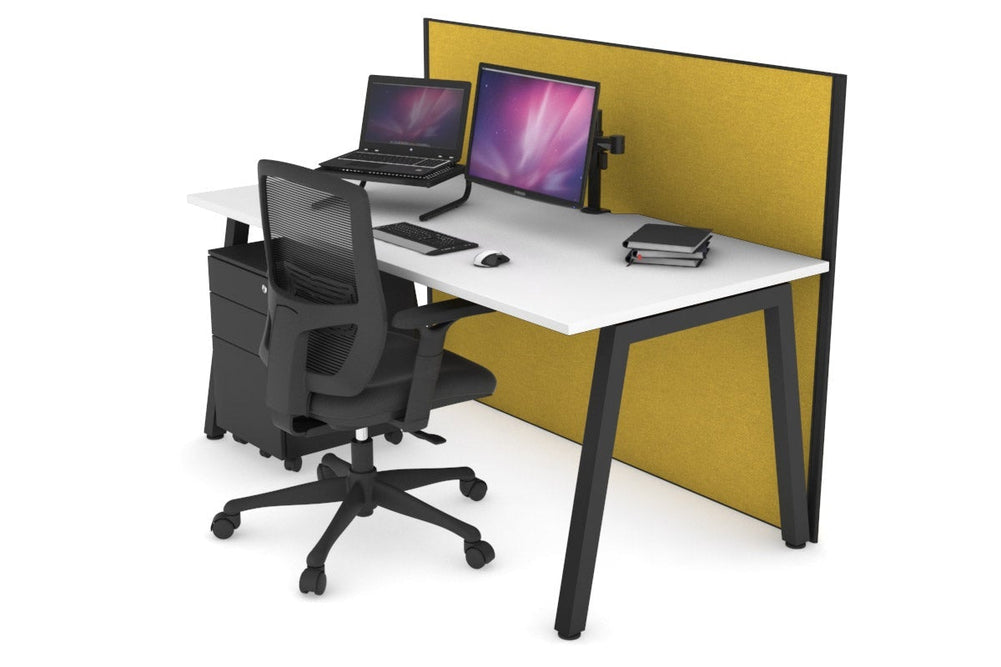 Horizon Quadro A Legs Office Desk [1400L x 800W with Cable Scallop]-black leg white mustard yellow (1200H x 1400W)