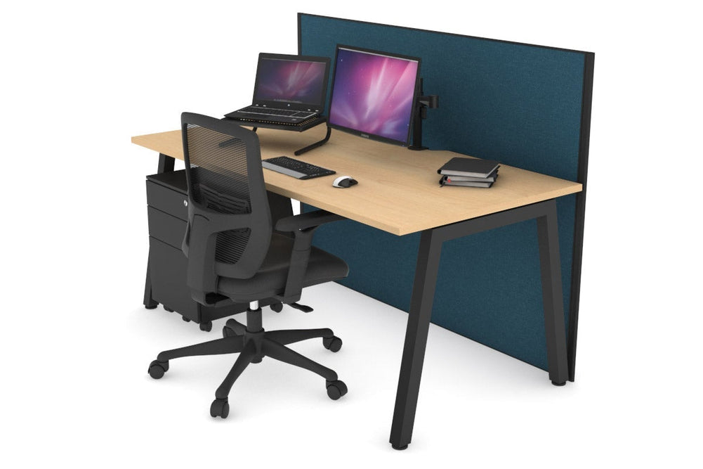 Horizon Quadro A Legs Office Desk [1400L x 800W with Cable Scallop]-black leg maple deep blue (1200H x 1400W)