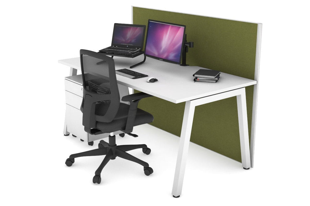 Horizon Quadro A Legs Office Desk [1400L x 800W with Cable Scallop]-white leg white green moss (1200H x 1400W)