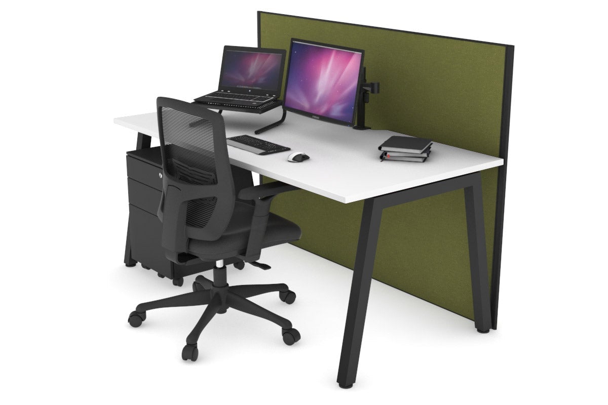 Horizon Quadro A Leg Office Desk [1400L x 800W with Cable Scallop] Jasonl black leg white green moss (1200H x 1400W)