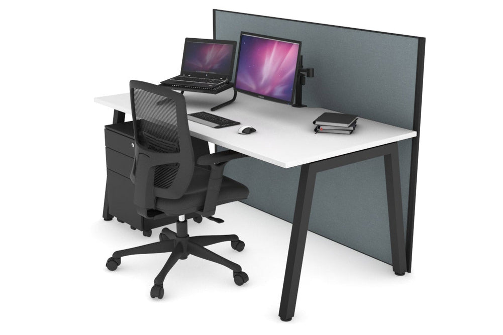 Horizon Quadro A Legs Office Desk [1400L x 800W with Cable Scallop]-black leg white cool grey (1200H x 1400W)