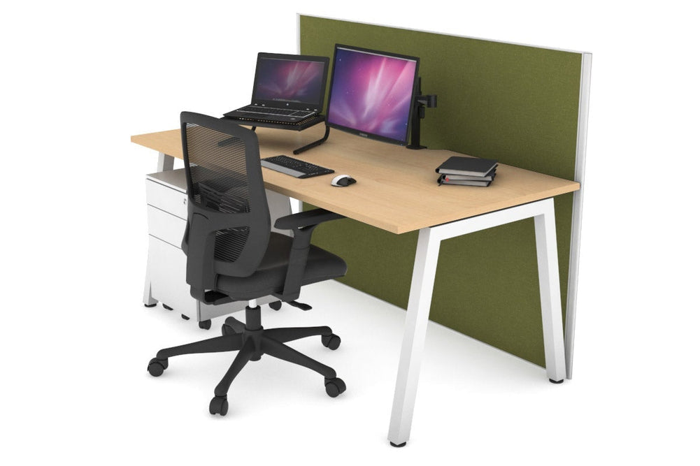 Horizon Quadro A Legs Office Desk [1400L x 800W with Cable Scallop]-white leg maple green moss (1200H x 1400W)