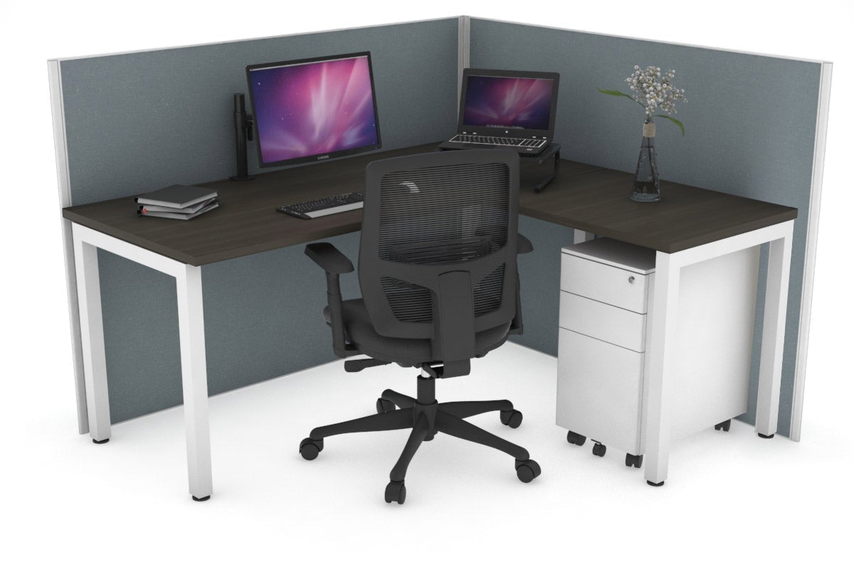 Horizon Quadro Square Leg L-Shaped Corner Office Desk [1400L x 1450W] Jasonl white leg dark oak cool grey (1200H x 1400W x 1600W)