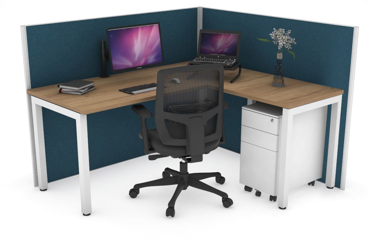 Horizon Quadro Square Leg L-Shaped Corner Office Desk [1400L x 1450W] Jasonl white leg salvage oak deep blue (1200H x 1400W x 1600W)
