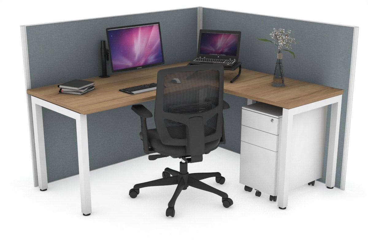 Horizon Quadro Square Leg L-Shaped Corner Office Desk [1400L x 1450W] Jasonl white leg salvage oak cool grey (1200H x 1400W x 1600W)