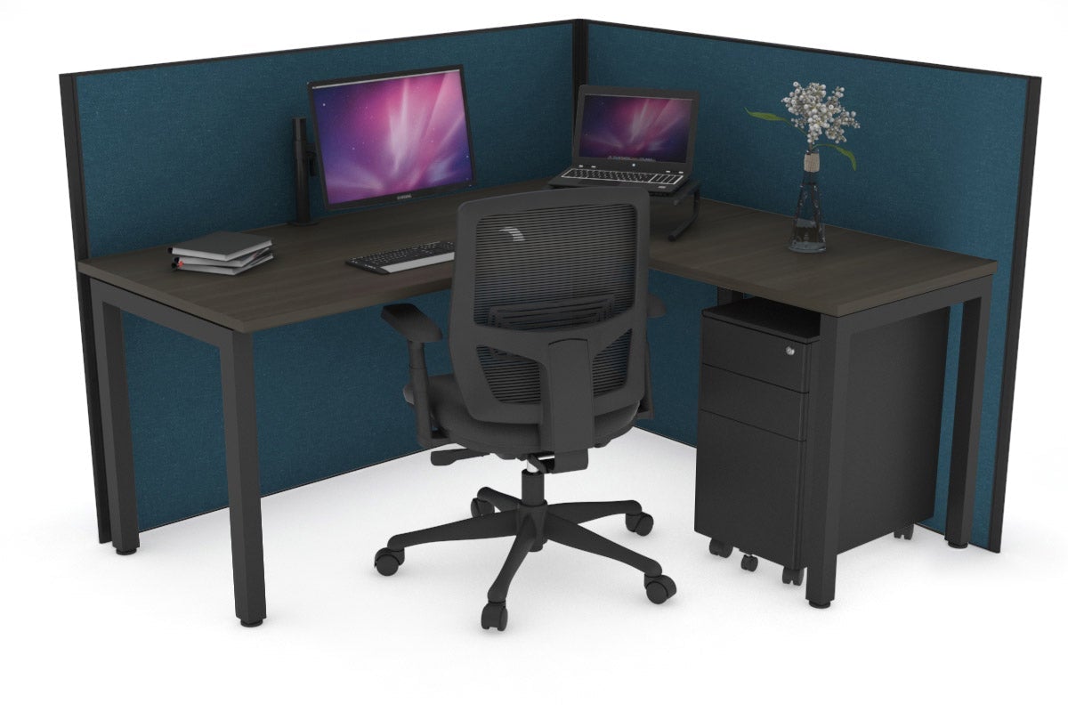 Horizon Quadro Square Leg L-Shaped Corner Office Desk [1400L x 1450W] Jasonl black leg dark oak deep blue (1200H x 1400W x 1600W)