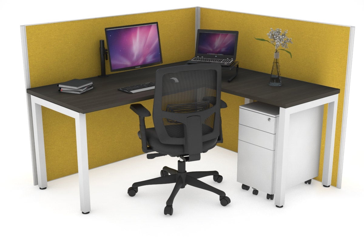 Horizon Quadro Square Leg L-Shaped Corner Office Desk [1400L x 1450W] Jasonl white leg dark oak mustard yellow (1200H x 1400W x 1600W)