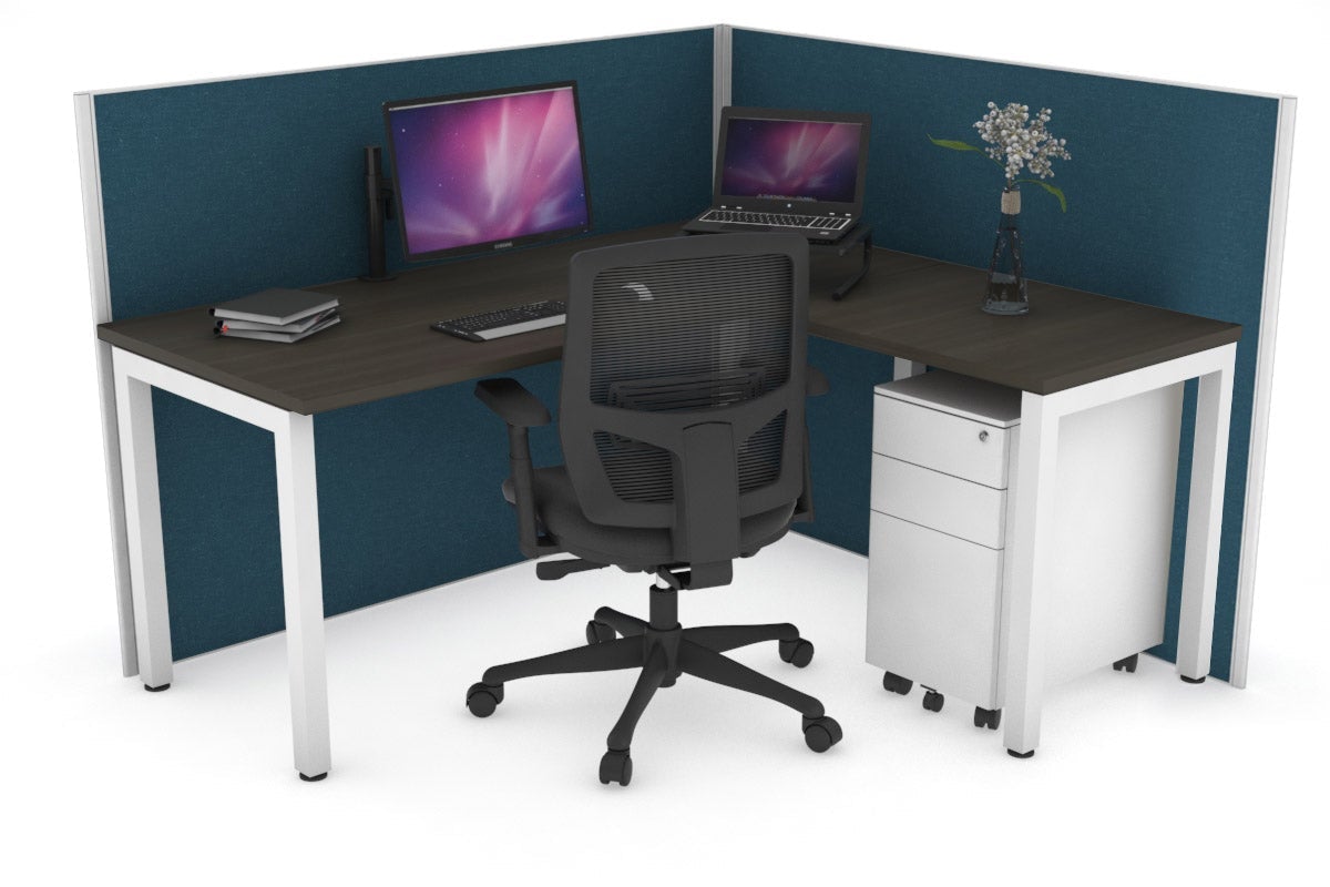Horizon Quadro Square Leg L-Shaped Corner Office Desk [1400L x 1450W] Jasonl white leg dark oak deep blue (1200H x 1400W x 1600W)
