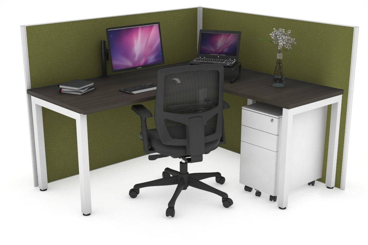 Horizon Quadro Square Leg L-Shaped Corner Office Desk [1400L x 1450W] Jasonl white leg dark oak green moss (1200H x 1400W x 1600W)