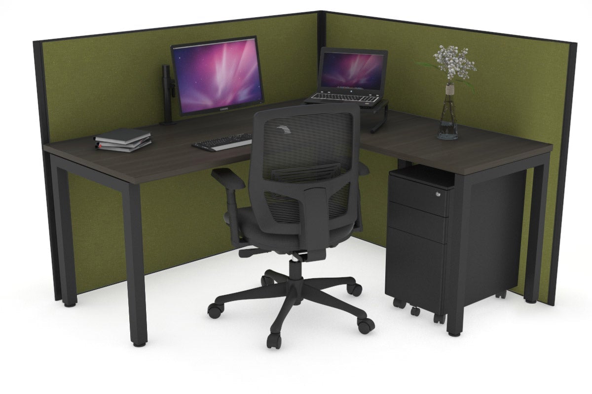 Horizon Quadro Square Leg L-Shaped Corner Office Desk [1400L x 1450W] Jasonl black leg dark oak green moss (1200H x 1400W x 1600W)