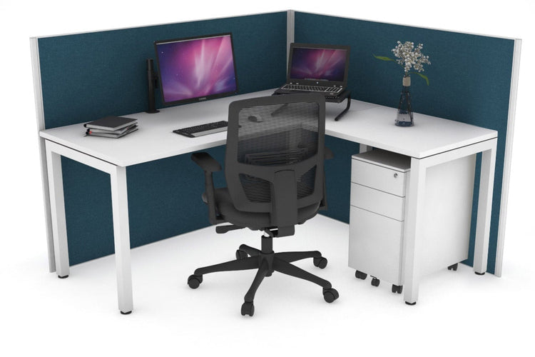 Horizon Quadro Square Leg L-Shaped Corner Office Desk [1400L x 1450W] Jasonl white leg white deep blue (1200H x 1400W x 1600W)