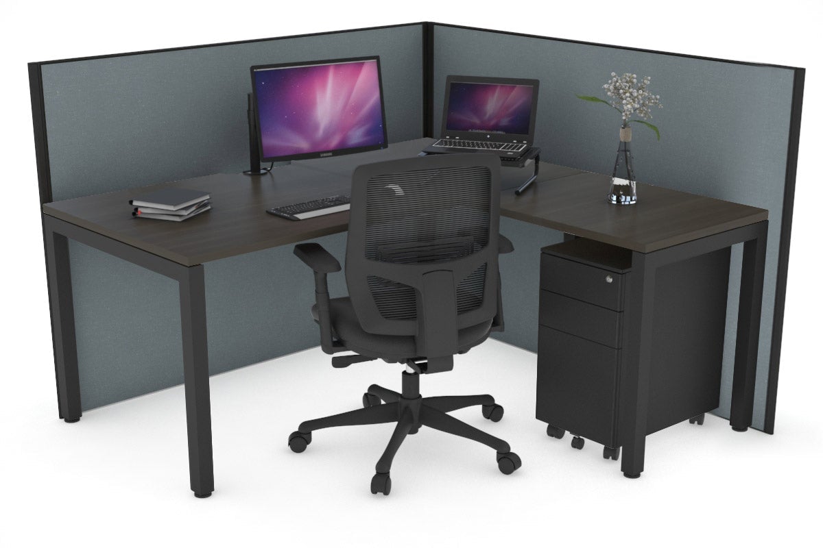 Horizon Quadro Square Leg L-Shaped Corner Office Desk [1400L x 1550W with Cable Scallop] Jasonl black leg dark oak cool grey (1200H x 1400W x 1600W)