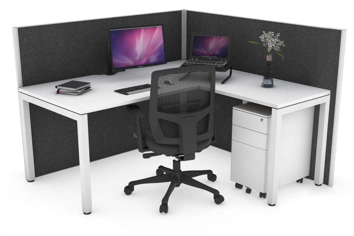 Horizon Quadro Square Leg L-Shaped Corner Office Desk [1400L x 1550W with Cable Scallop] Jasonl white leg white moody charcoal (1200H x 1400W x 1600W)