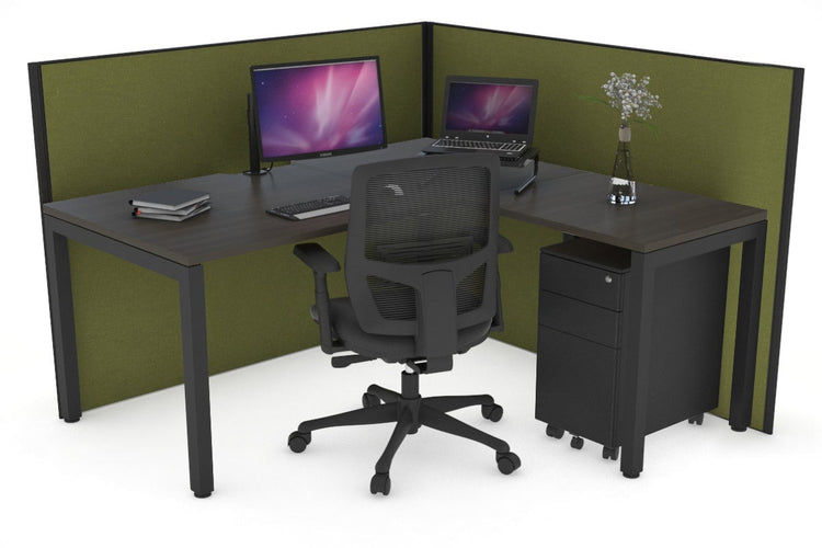 Horizon Quadro Square Leg L-Shaped Corner Office Desk [1400L x 1550W with Cable Scallop] Jasonl black leg dark oak green moss (1200H x 1400W x 1600W)