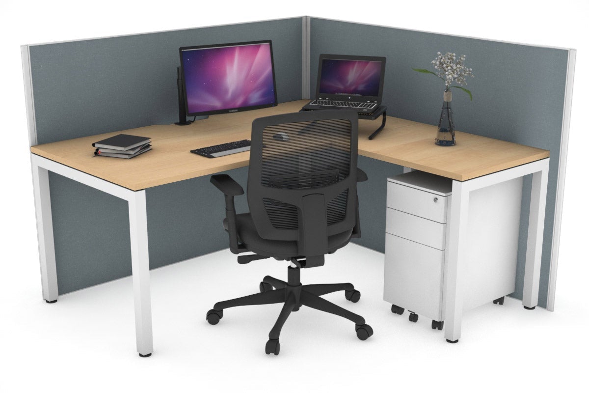 Horizon Quadro Square Leg L-Shaped Corner Office Desk [1400L x 1550W with Cable Scallop] Jasonl white leg maple cool grey (1200H x 1400W x 1600W)