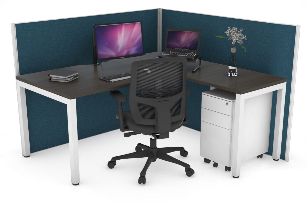 Horizon Quadro Square Leg L-Shaped Corner Office Desk [1400L x 1550W with Cable Scallop] Jasonl white leg dark oak deep blue (1200H x 1400W x 1600W)