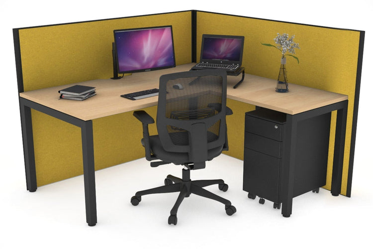 Horizon Quadro Square Leg L-Shaped Corner Office Desk [1400L x 1550W with Cable Scallop] Jasonl black leg maple mustard yellow (1200H x 1400W x 1600W)