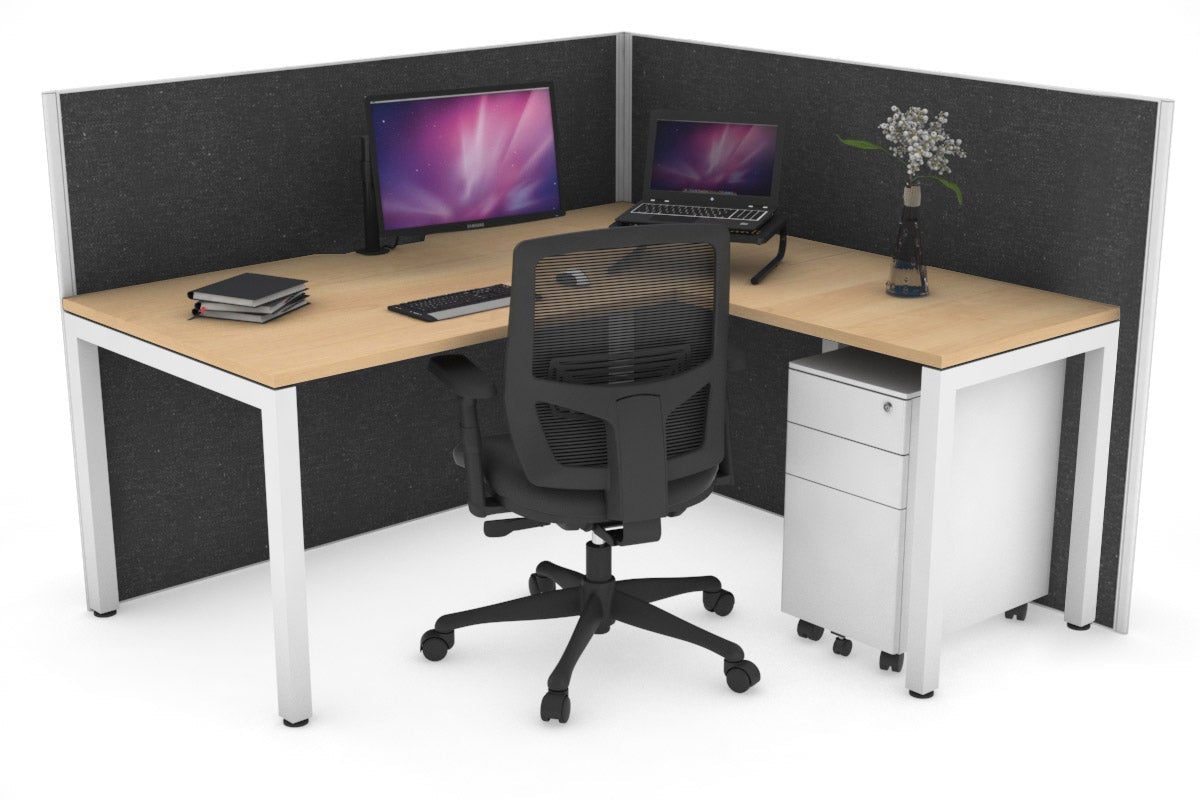 Horizon Quadro Square Leg L-Shaped Corner Office Desk [1400L x 1550W with Cable Scallop] Jasonl white leg maple moody charcoal (1200H x 1400W x 1600W)