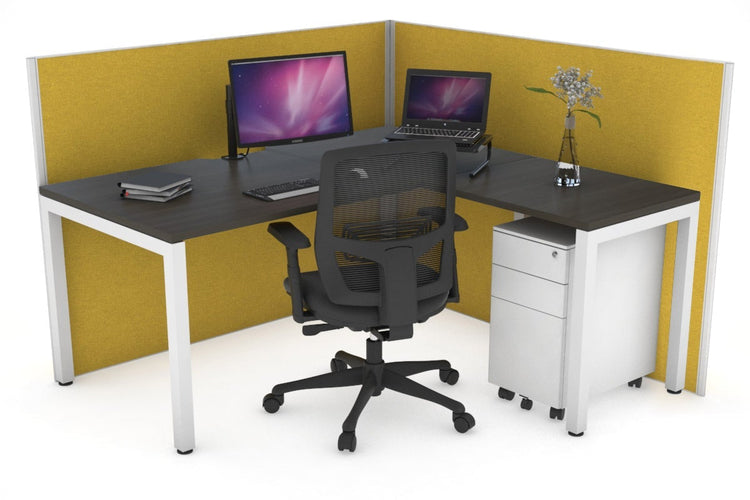 Horizon Quadro Square Leg L-Shaped Corner Office Desk [1400L x 1550W with Cable Scallop] Jasonl white leg dark oak mustard yellow (1200H x 1400W x 1600W)