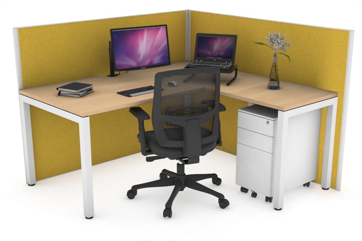 Horizon Quadro Square Leg L-Shaped Corner Office Desk [1400L x 1550W with Cable Scallop] Jasonl white leg maple mustard yellow (1200H x 1400W x 1600W)