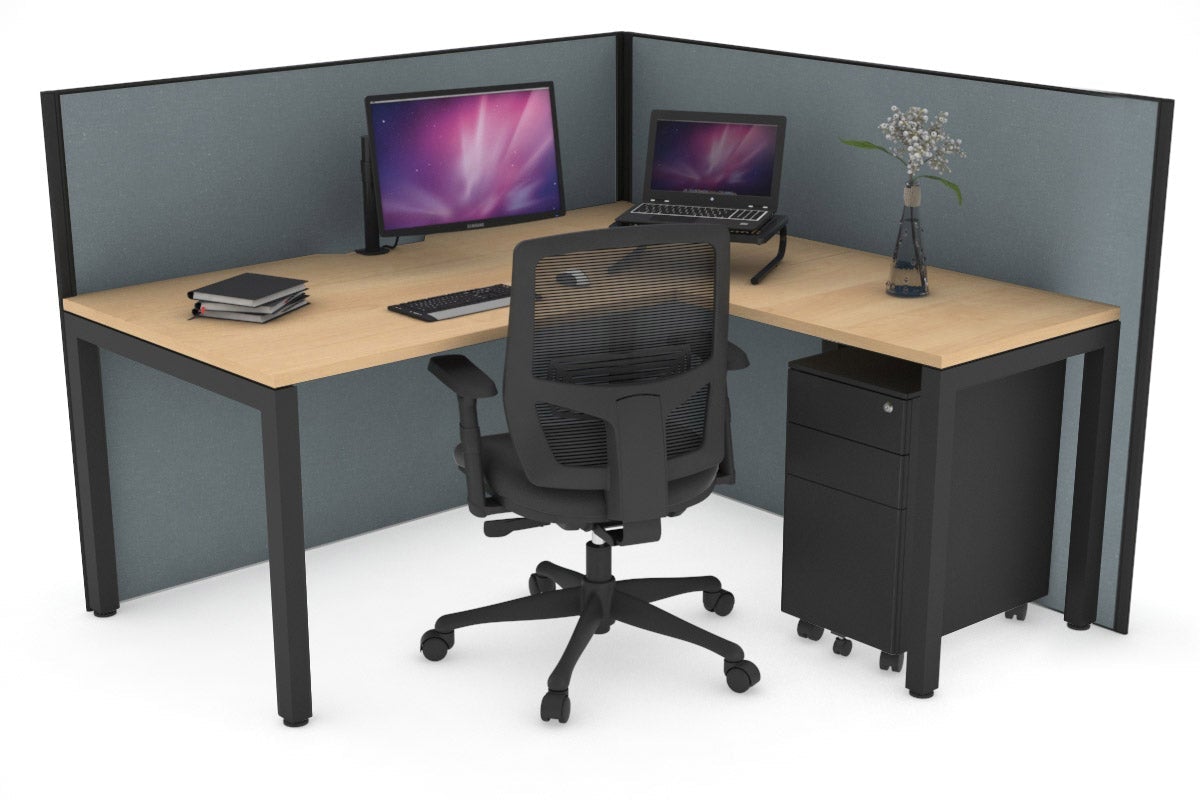 Horizon Quadro Square Leg L-Shaped Corner Office Desk [1400L x 1550W with Cable Scallop] Jasonl black leg maple cool grey (1200H x 1400W x 1600W)