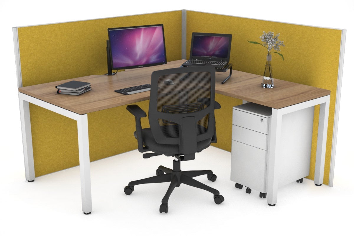 Horizon Quadro Square Leg L-Shaped Corner Office Desk [1400L x 1550W with Cable Scallop] Jasonl white leg salvage oak mustard yellow (1200H x 1400W x 1600W)