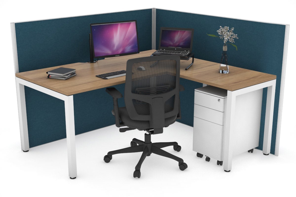 Horizon Quadro Square Leg L-Shaped Corner Office Desk [1400L x 1550W with Cable Scallop] Jasonl white leg salvage oak deep blue (1200H x 1400W x 1600W)