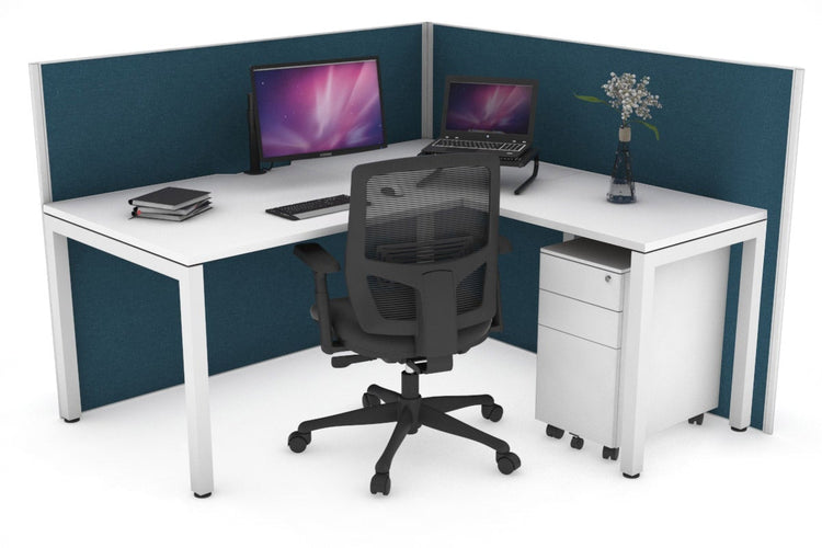 Horizon Quadro Square Leg L-Shaped Corner Office Desk [1400L x 1550W with Cable Scallop] Jasonl white leg white deep blue (1200H x 1400W x 1600W)