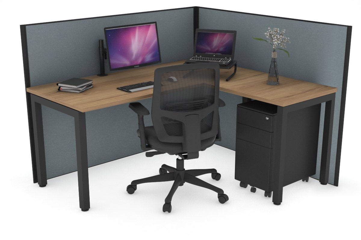 Horizon Quadro Square Leg L-Shaped Corner Office Desk [1400L x 1700W] Jasonl black leg salvage oak cool grey (1200H x 1400W x 1800W)