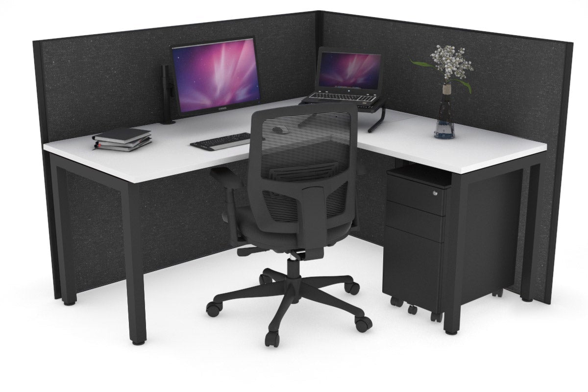 Horizon Quadro Square Leg L-Shaped Corner Office Desk [1400L x 1700W] Jasonl black leg white moody charcoal (1200H x 1400W x 1800W)
