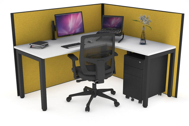 Horizon Quadro Square Leg L-Shaped Corner Office Desk [1400L x 1700W] Jasonl black leg white mustard yellow (1200H x 1400W x 1800W)
