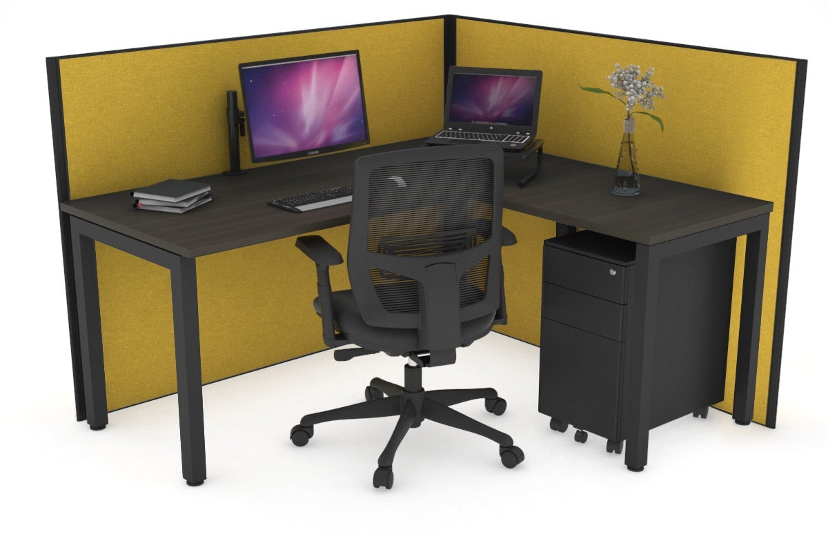 Horizon Quadro Square Leg L-Shaped Corner Office Desk [1400L x 1700W] Jasonl black leg dark oak mustard yellow (1200H x 1400W x 1800W)