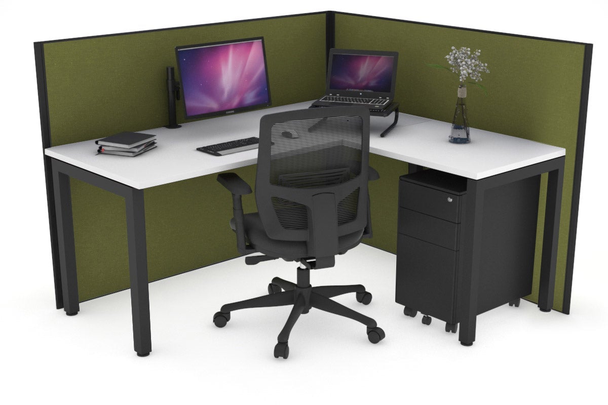 Horizon Quadro Square Leg L-Shaped Corner Office Desk [1400L x 1700W] Jasonl black leg white green moss (1200H x 1400W x 1800W)