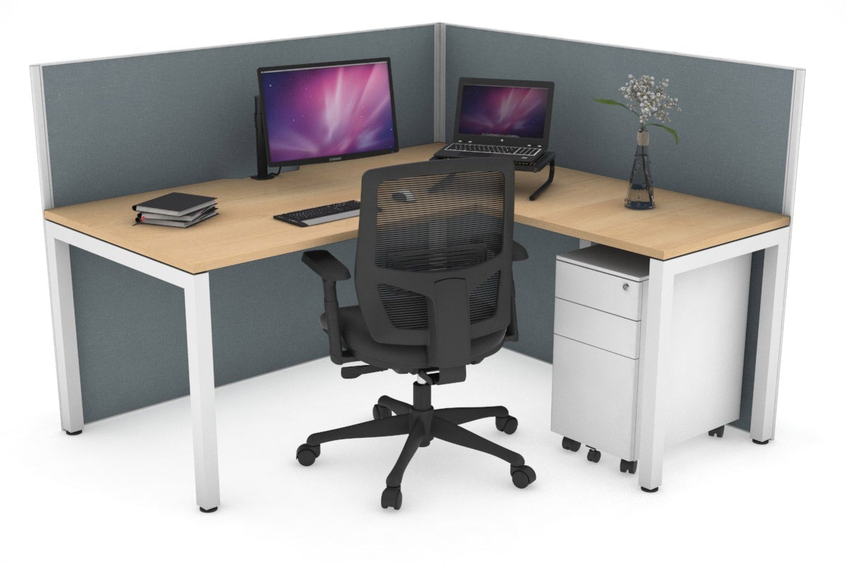 Horizon Quadro Square Leg L-Shaped Corner Office Desk [1400L x 1800W with Cable Scallop] Jasonl white leg maple cool grey (1200H x 1400W x 1800W)