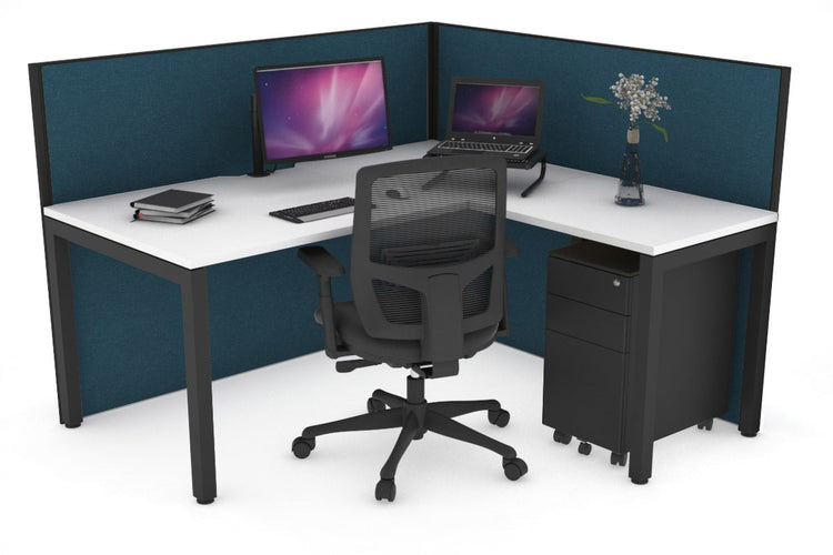 Horizon Quadro Square Leg L-Shaped Corner Office Desk [1400L x 1800W with Cable Scallop] Jasonl black leg white deep blue (1200H x 1400W x 1800W)