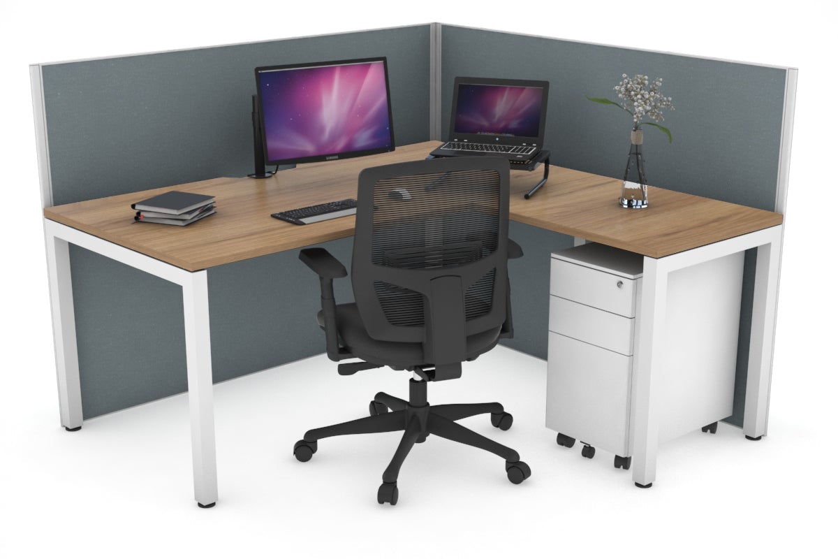 Horizon Quadro Square Leg L-Shaped Corner Office Desk [1400L x 1800W with Cable Scallop] Jasonl white leg salvage oak cool grey (1200H x 1400W x 1800W)