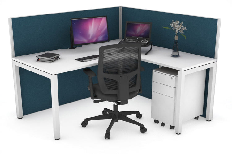 Horizon Quadro Square Leg L-Shaped Corner Office Desk [1400L x 1800W with Cable Scallop] Jasonl white leg white deep blue (1200H x 1400W x 1800W)