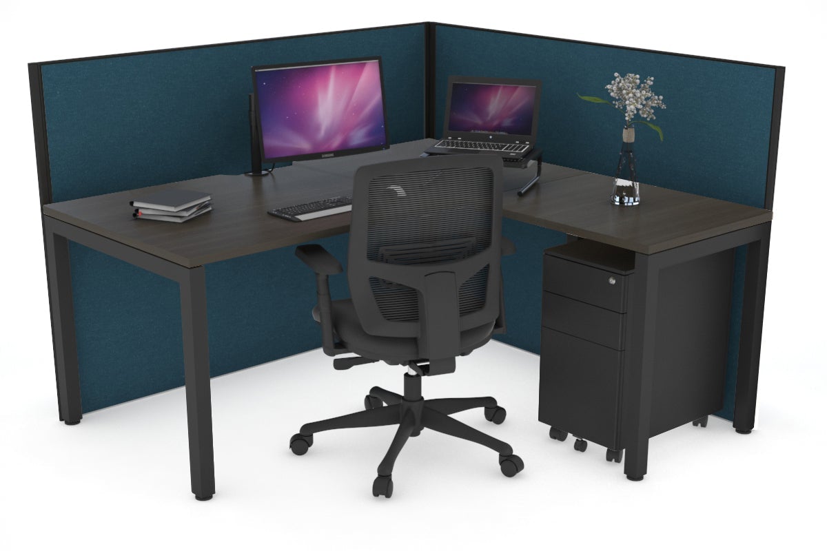 Horizon Quadro Square Leg L-Shaped Corner Office Desk [1400L x 1800W with Cable Scallop] Jasonl black leg dark oak deep blue (1200H x 1400W x 1800W)