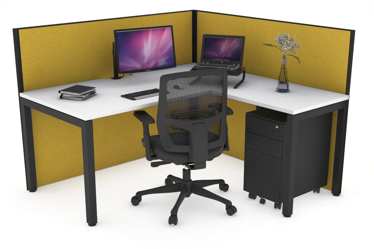 Horizon Quadro Square Leg L-Shaped Corner Office Desk [1400L x 1800W with Cable Scallop] Jasonl black leg white mustard yellow (1200H x 1400W x 1800W)
