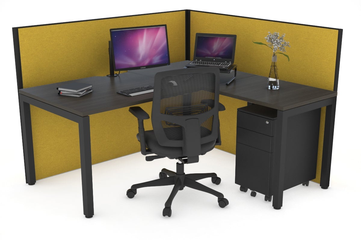 Horizon Quadro Square Leg L-Shaped Corner Office Desk [1400L x 1800W with Cable Scallop] Jasonl black leg dark oak mustard yellow (1200H x 1400W x 1800W)