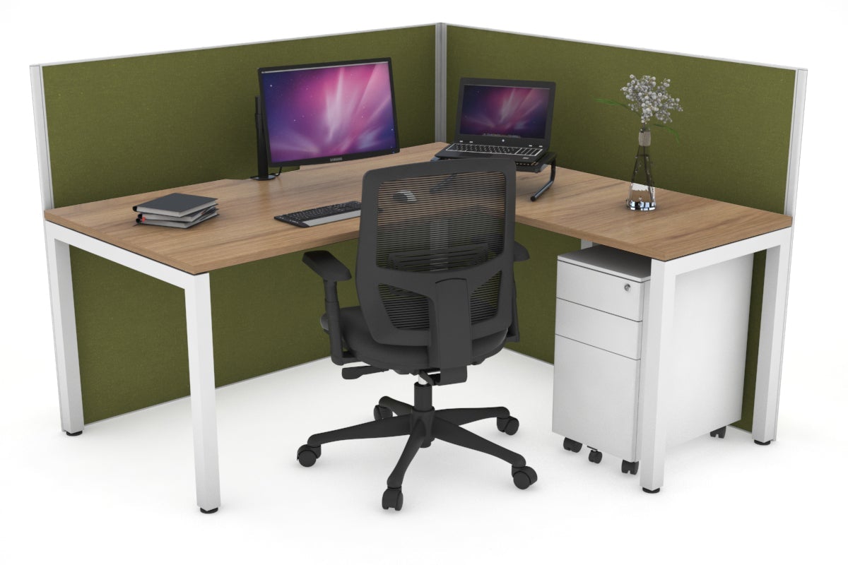Horizon Quadro Square Leg L-Shaped Corner Office Desk [1400L x 1800W with Cable Scallop] Jasonl white leg salvage oak green moss (1200H x 1400W x 1800W)
