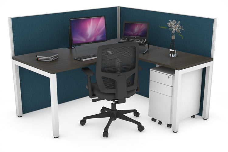 Horizon Quadro Square Leg L-Shaped Corner Office Desk [1400L x 1800W with Cable Scallop] Jasonl white leg dark oak deep blue (1200H x 1400W x 1800W)
