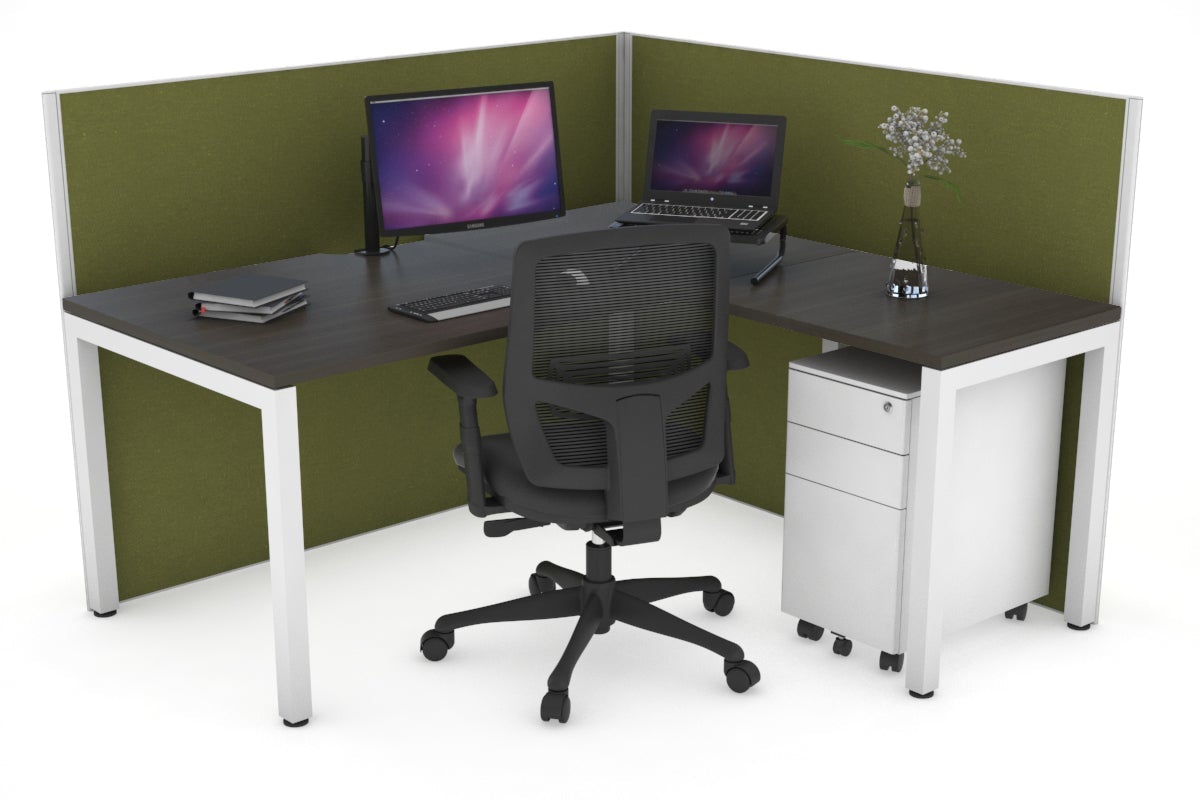Horizon Quadro Square Leg L-Shaped Corner Office Desk [1400L x 1800W with Cable Scallop] Jasonl white leg dark oak green moss (1200H x 1400W x 1800W)