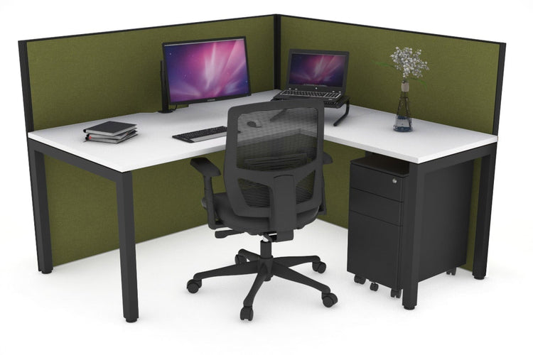 Horizon Quadro Square Leg L-Shaped Corner Office Desk [1400L x 1800W with Cable Scallop] Jasonl black leg white green moss (1200H x 1400W x 1800W)