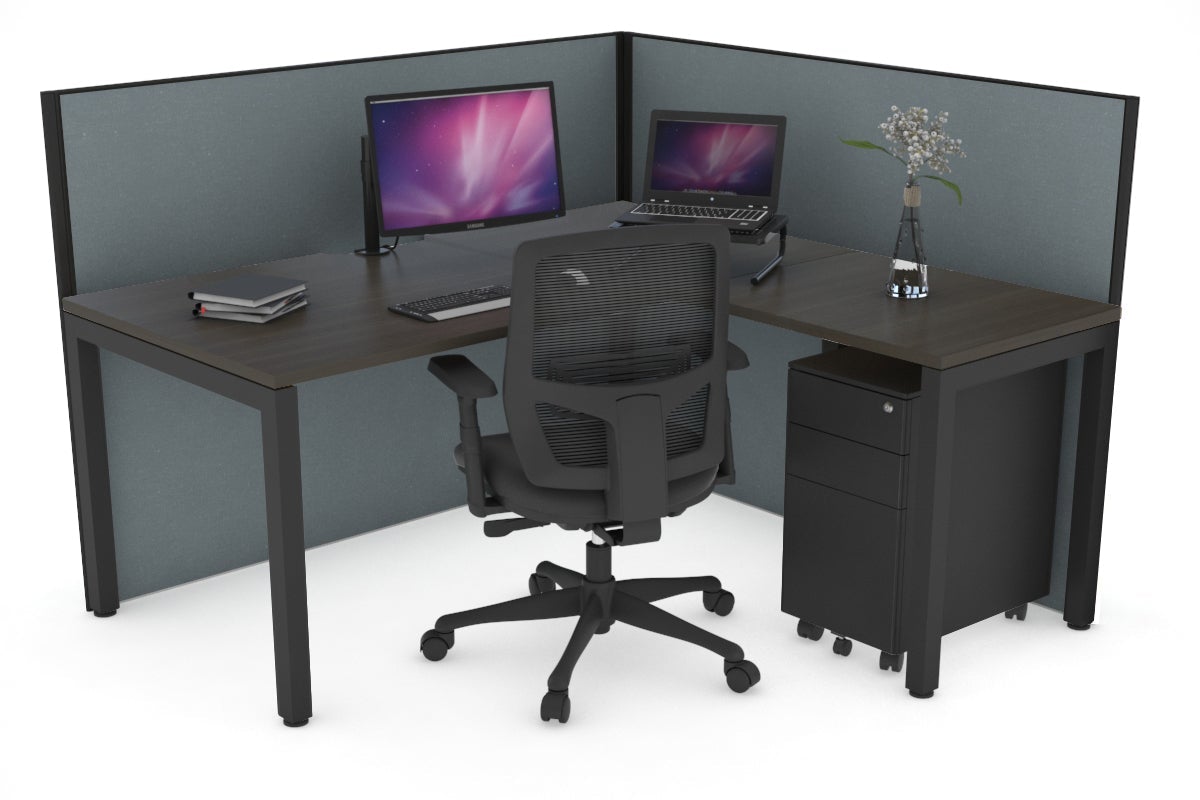 Horizon Quadro Square Leg L-Shaped Corner Office Desk [1400L x 1800W with Cable Scallop] Jasonl black leg dark oak cool grey (1200H x 1400W x 1800W)